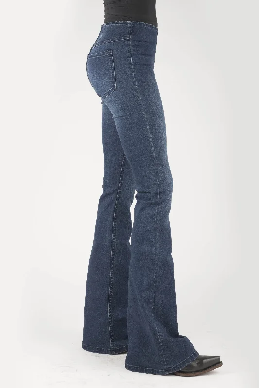 Ends Soon WOMENS HIGH RISE SKINNY FLARE ELASTIC WAIST JEANS