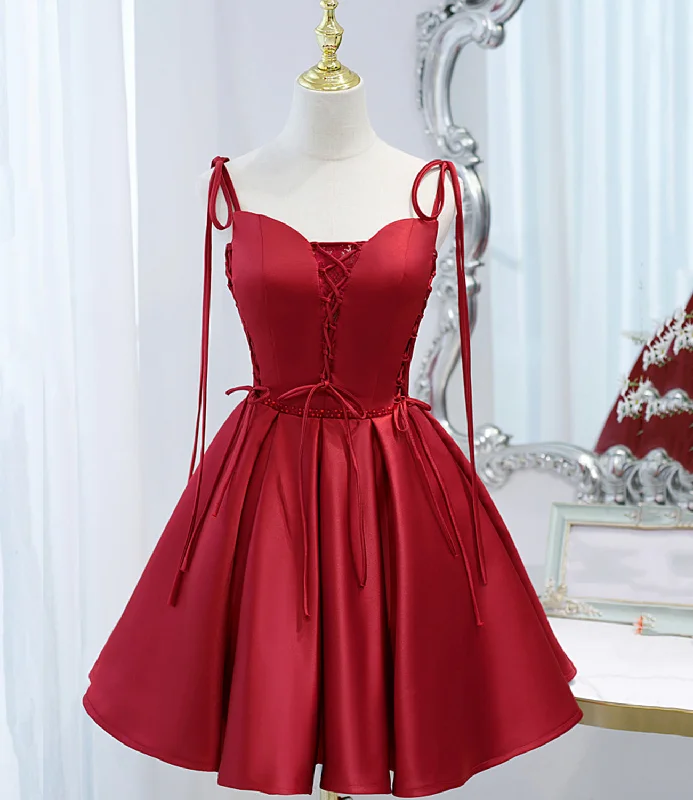 Luxe Layering Burgundy satin lace-up short prom dress party dress  10098