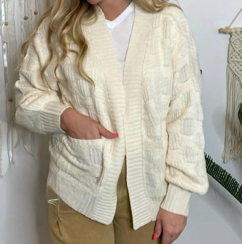 Limited Stock, Big Sale Fluffy Checker Cardigan In Ivory