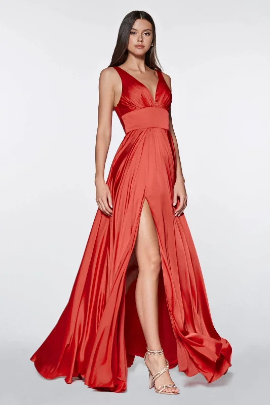 Ends Soon Ladivine 7469 - V Neckline Satin Long Dress