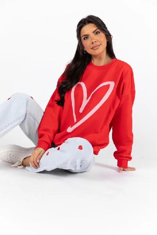 Casual Fashion Heart Sketch Red Oversized Graphic Sweatshirt