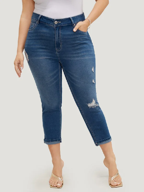 Special Offers, Don't Miss Very Stretchy High Rise Dark Wash Ripped Detail Cropped Jeans