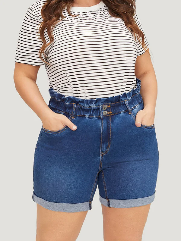 Spring Fling Sale Very Stretchy High Rise Medium Wash Paperbag Waist Denim Shorts