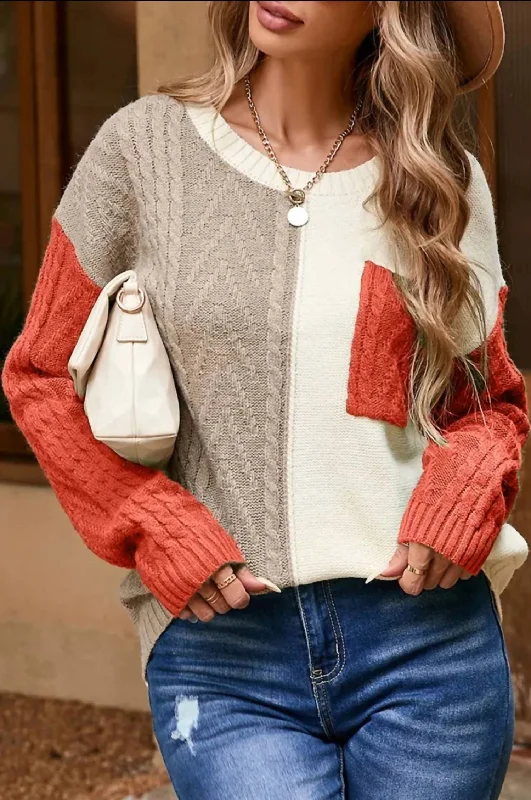 Special Offers, Don't Miss Colorblock Cable Knit Sweater In Gold Flame