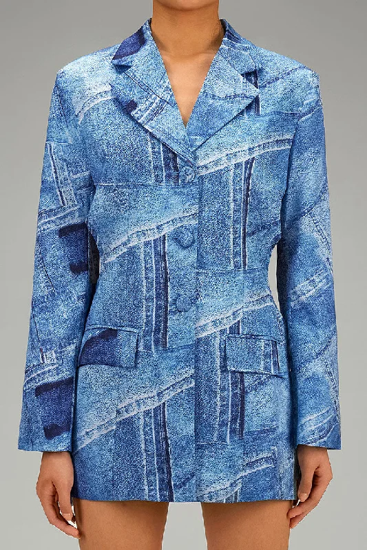 Sale Event, Prices Rock Silky Satin Denim Print Lapel Long Sleeve Button Up Bow Tie Cutout Blazer