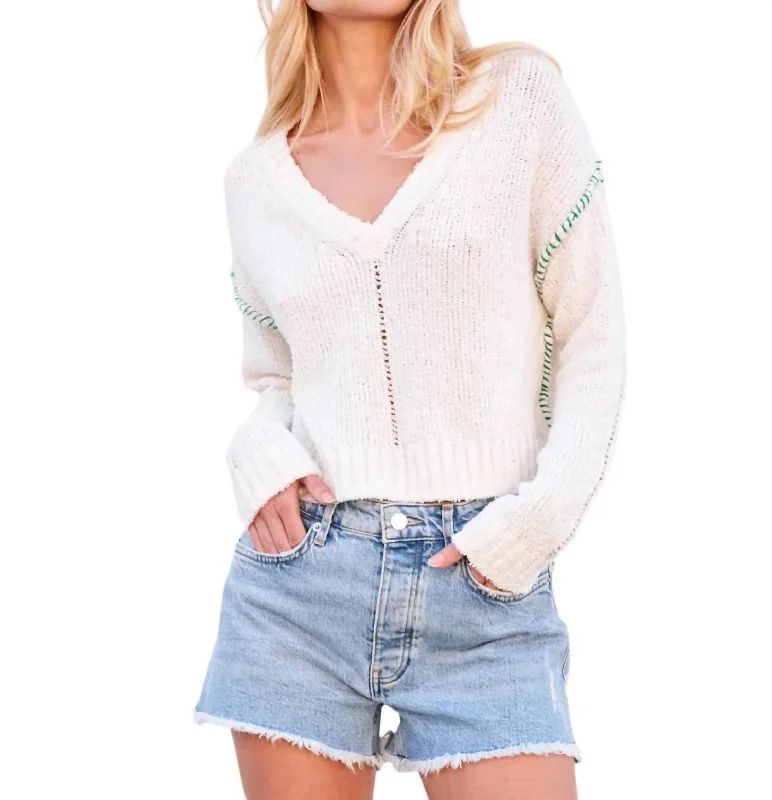Stylish Women's Clothing Big Discounts V Neck Sweater In Cream