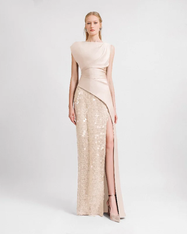 Seasonal Picks Asymmetrical Draped Champagne Satin dress