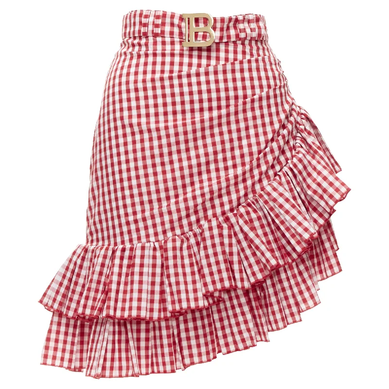 Elegant Style Balmain B logo buckle gingham ruffled cottage skirt