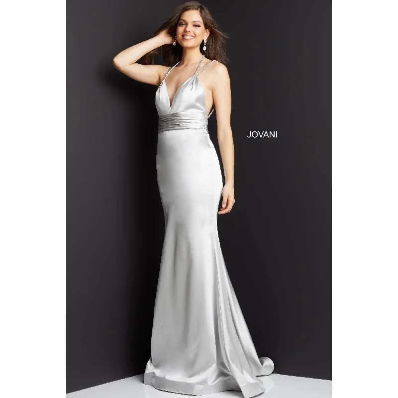 Daily Deals Jovani Grey Satin Sheath V Neck Prom Dress 3116