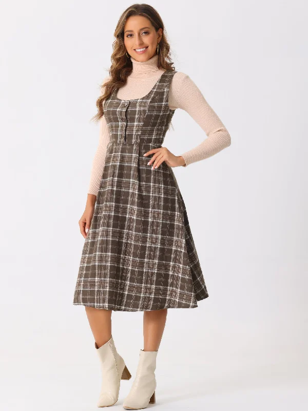 Spring Fling Sale Plaid Vintage Sleeveless A-Line Pocketed Midi Pinafore Dress