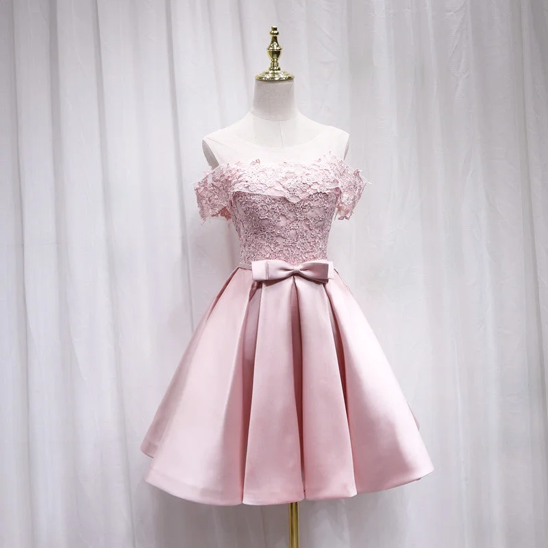 Elevated Style Pink satin lace short prom dress  8210