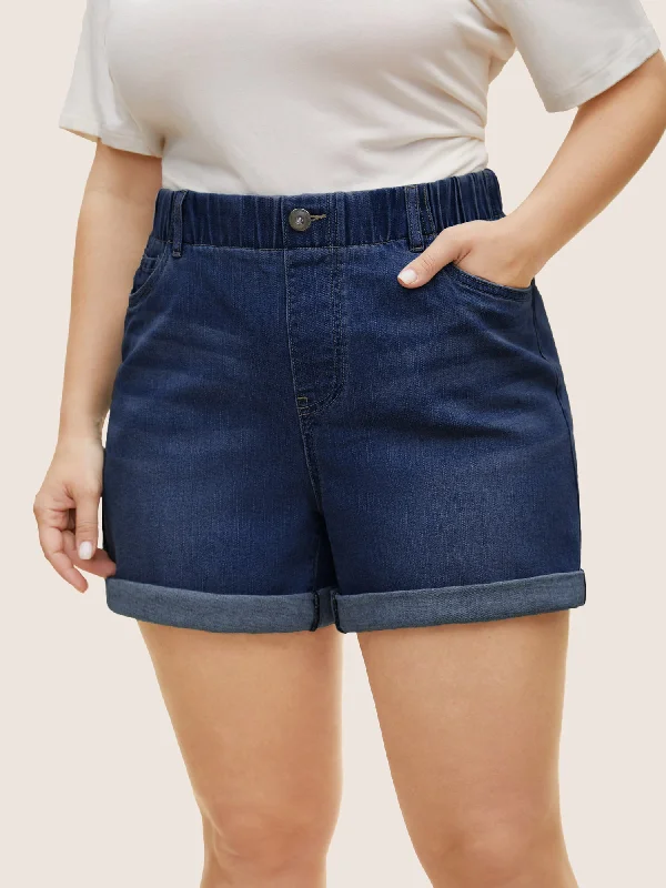 Trendsetting Threads Light Wash Button Up Roll Hem Denim Shorts