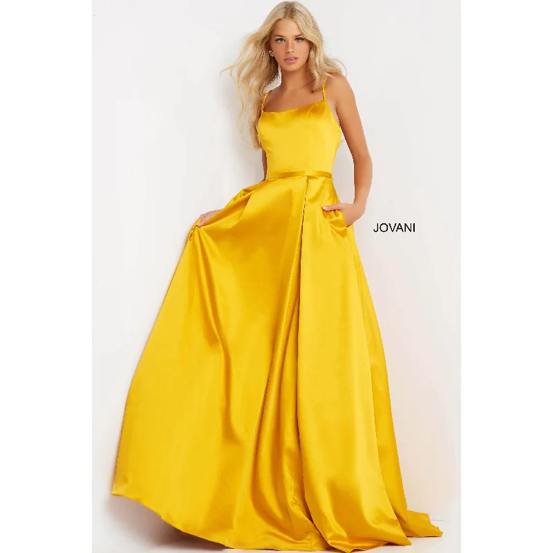 Shop Our Looks Jovani Yellow Satin A Line 2022 Prom Gown 02536