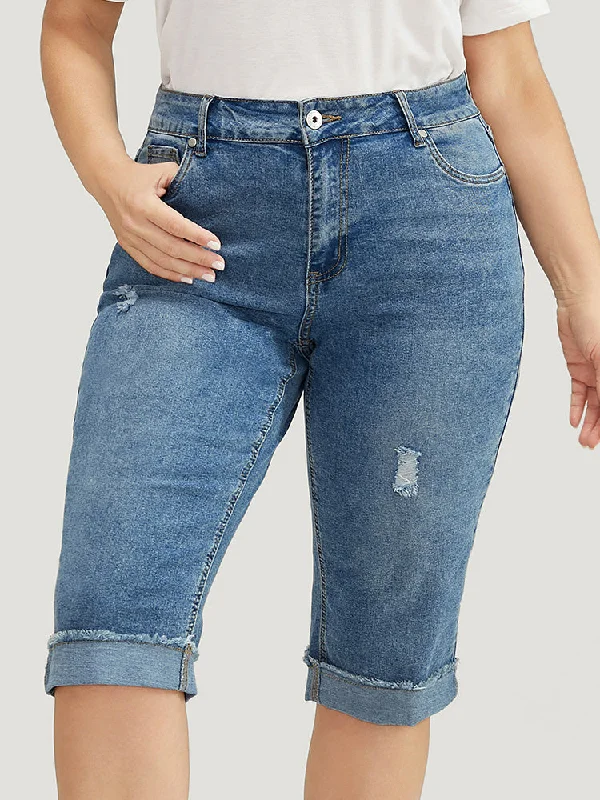 Limited Time Deal Moderately Stretchy Roll Hem Ripped Knee Denim Shorts