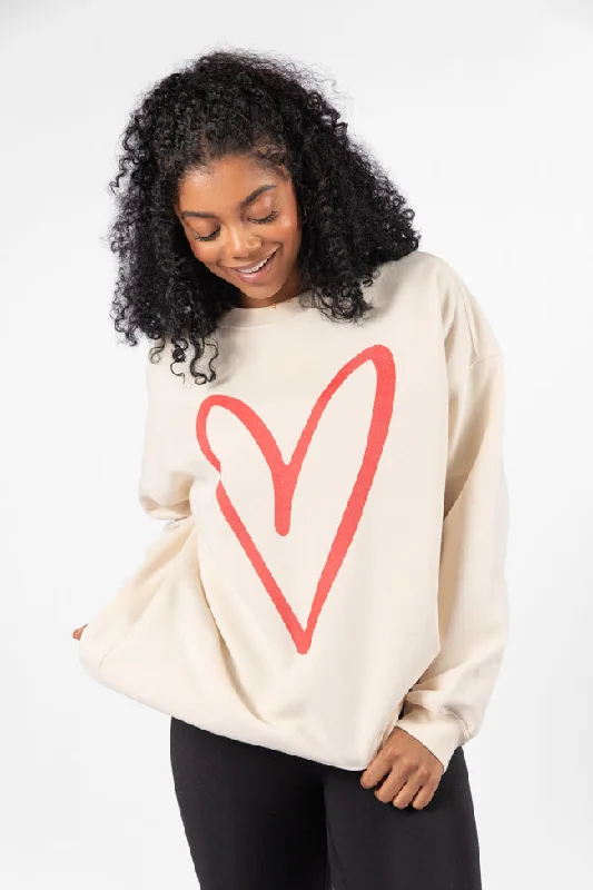 Urban Femme Streetwear Red Heart Sketch Cream Oversized Graphic Sweatshirt