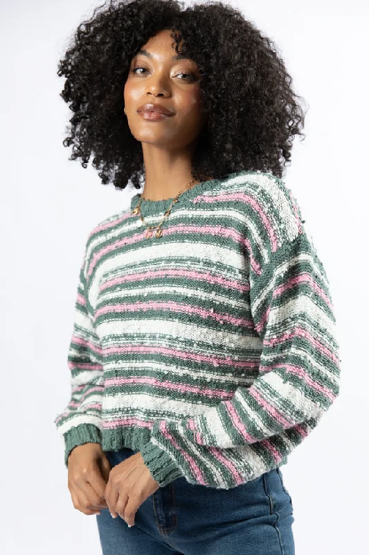 Seasonal Trends While I'm Away Green Multi Striped Popcorn Sweater