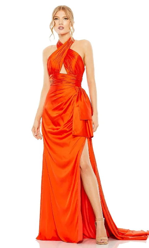 Graceful Movement Mac Duggal 68444 - Crisscross Satin Halter Sheath Gown