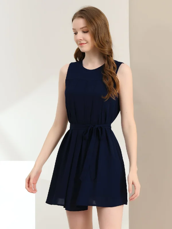 Romantic Date - Night Ensemble Sleeveless Round Neck Pleated Belted Chiffon Summer Dress