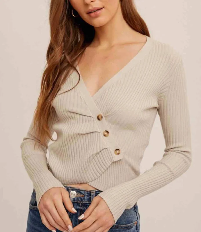Women's Comfy Attire For Lounging Grab Romantic Date - Night Styles Now Asymmetrical Pleat Ribbed V-Neck Sweater In Dove Women's Comfy Attire For Lounging Grab Romantic Date - Night Styles Now Asymmetrical Pleat Ribbed V-Neck Sweater In Dove