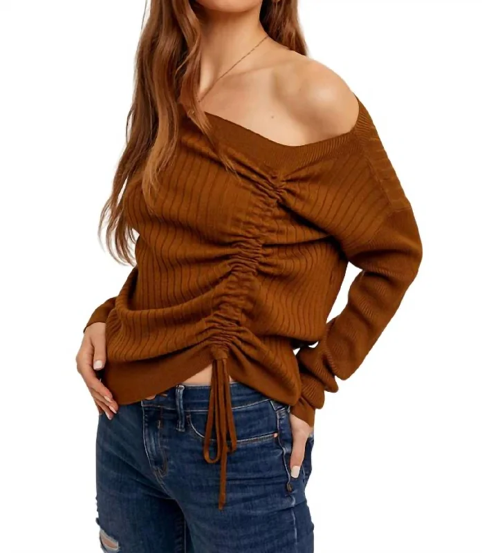 Seasonal Sale Ruched Drawstring Asymetrical Sweater In Chai