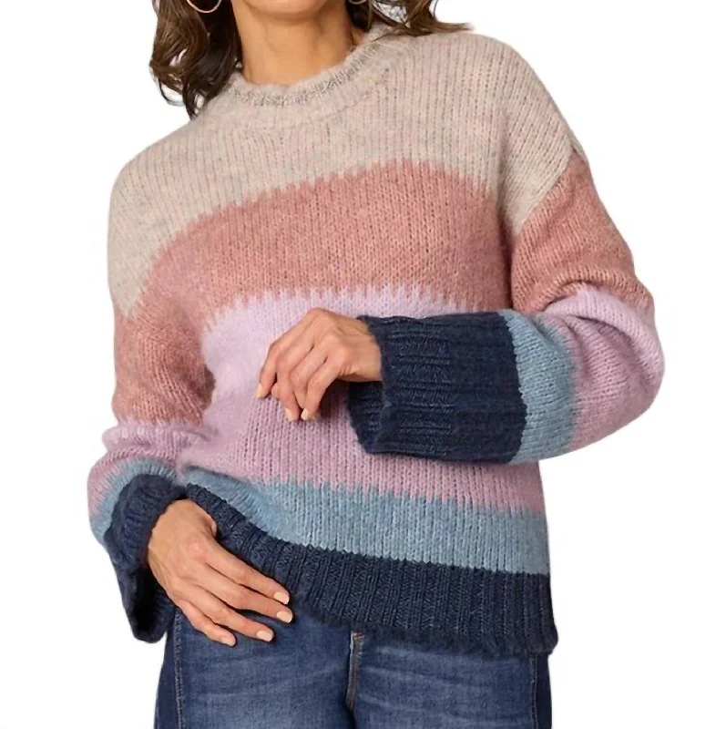 Limited Stock, Big Discounts Long Sleeve High Round Stripe Sweater In Heather Oatmeal Navy Multi