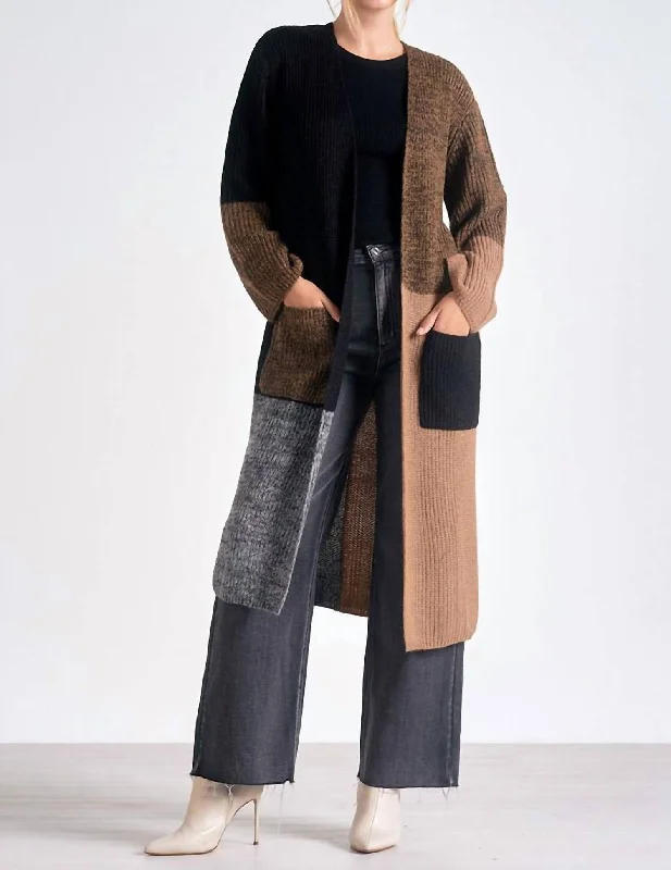 Casual Chic Clothing Colorblock Long Cardigan In Black/brown