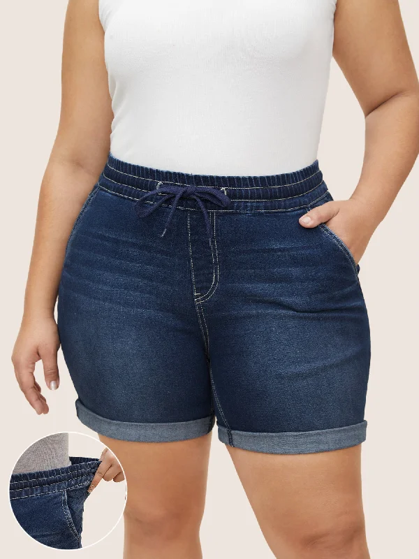 Comfortable Garments For Women Find Your Unique Flair Roll Hem Elastic Waist Drawstring Denim Shorts Comfortable Garments For Women Find Your Unique Flair Roll Hem Elastic Waist Drawstring Denim Shorts