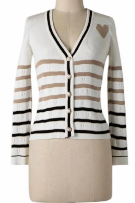 Must Haves Women's Heart Stripe Cardigan In Black, Khaki And White