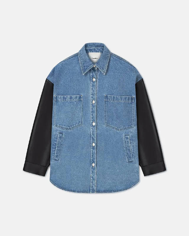 Stylish Outerwear Clothing For Women Fashion Forward Zinnie - Denim and Regenerated Leather Shirt - Mid Blue-Black Stylish Outerwear Clothing For Women Fashion Forward Zinnie - Denim and Regenerated Leather Shirt - Mid Blue-Black