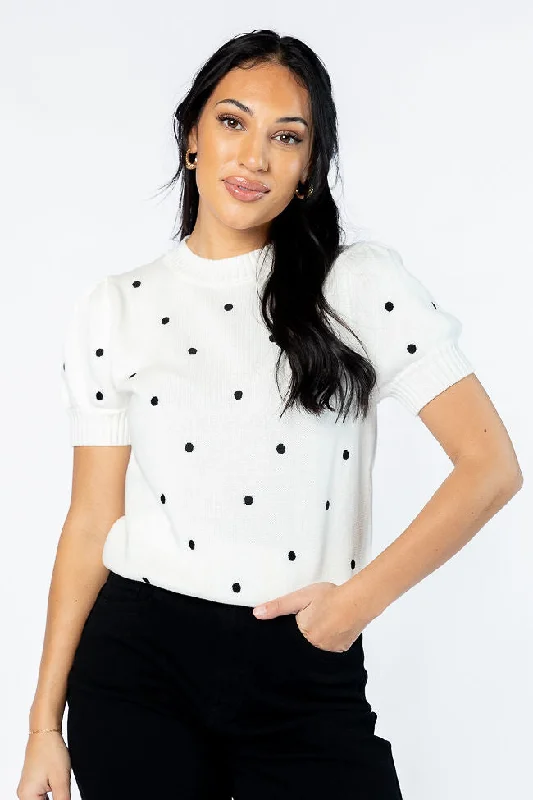 Women's Fashionable Attire For Work Limited Stock Polka Dot Daydreams Ivory and Black Short Sleeve Sweater Women's Fashionable Attire For Work Limited Stock Polka Dot Daydreams Ivory and Black Short Sleeve Sweater