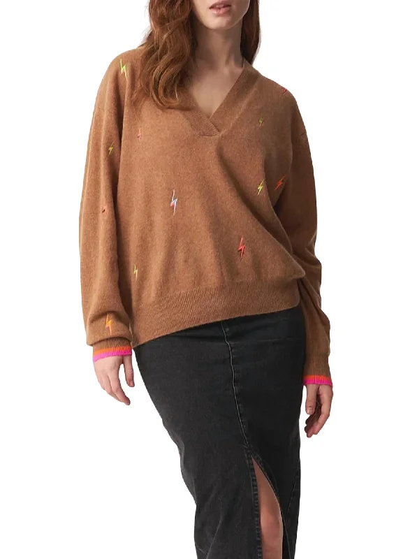 Chic Outfits Lightning Bolt V-Neck Sweater Top In Chestnut