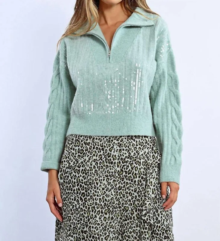 Seasonal Clearance Qtr Zip Sequin Sweater In Mint