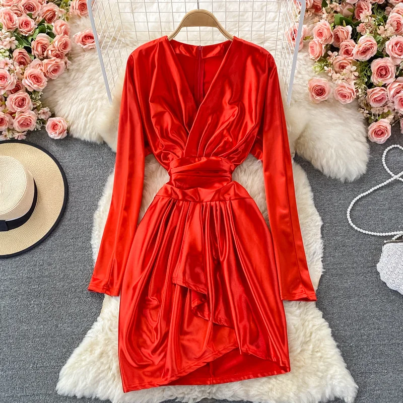 Fashion Forward Satin high waist with thin V-neck irregular dress  3352