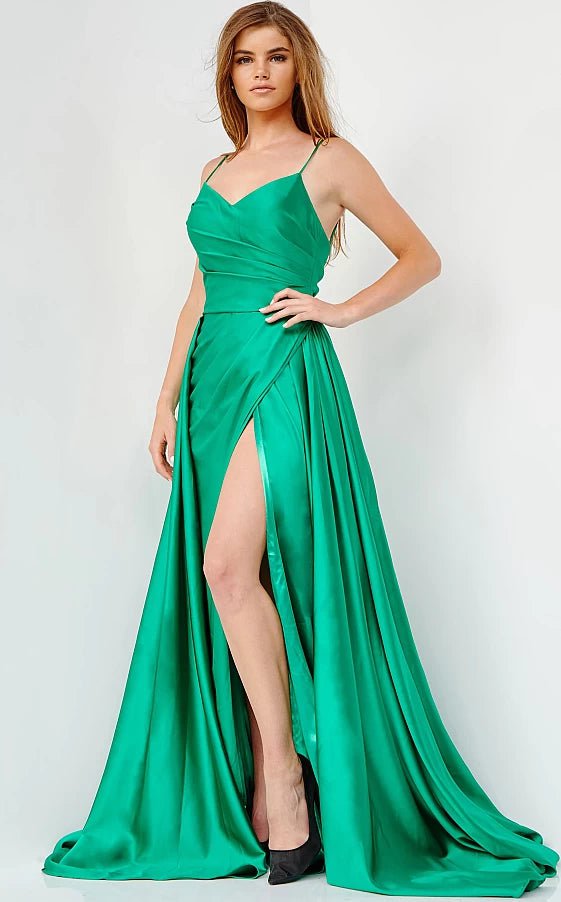 Hot Picks JVN07800 Emerald Pleated Bodice Satin Prom Gown