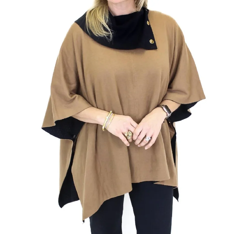 Women's Elegant Clothing Sets Fashion Forward Gold Button Poncho In Black/tan