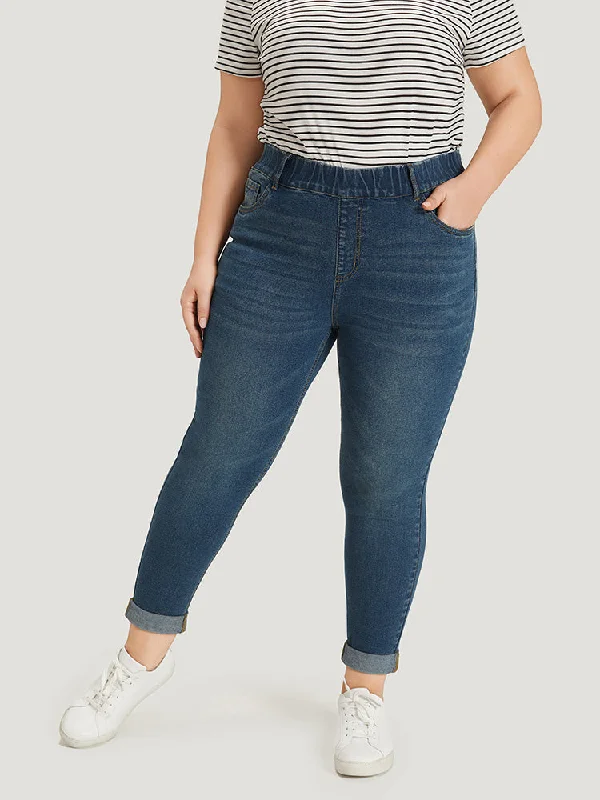 Affordable Women's Garments New Season Fashion Preview Sale Plain Elastic Waist Medium Wash Roll Hem Jeans Affordable Women's Garments New Season Fashion Preview Sale Plain Elastic Waist Medium Wash Roll Hem Jeans