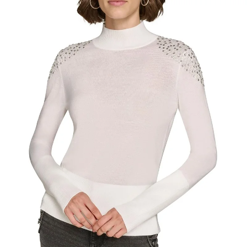 Elevate Your Wardrobe Womens Embellished Extra Fine Merino Wool Mock Turtleneck Sweater