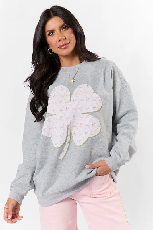 Trendy Street Style Clothing Pattern Shamrock Light Grey Oversized Graphic Sweatshirt