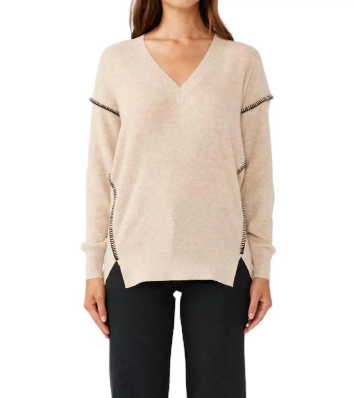 Trendy Fashion Sale V-Neck Side Split Pullover In Oatmeal