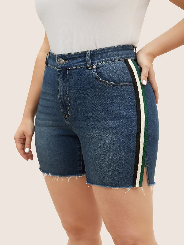 You'Ll Love Us Because Contrast Webbing Slit Raw Hem Denim Shorts