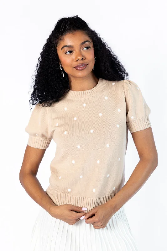 Women's Transitional Attire Today Only Polka Dot Daydreams Taupe and Ivory Short Sleeve Sweater Women's Transitional Attire Today Only Polka Dot Daydreams Taupe and Ivory Short Sleeve Sweater