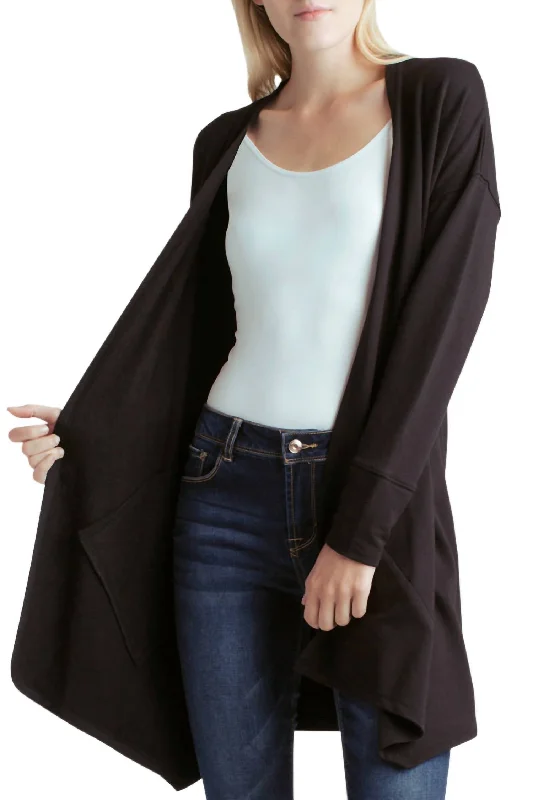 Designer Wear On Sale Long Sleeve Draped Fleece Knit Jacket With Pockets In Black