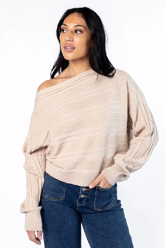 Update With Cottagecore Styles Feels Right Beige Off The Shoulder Ribbed Sweater