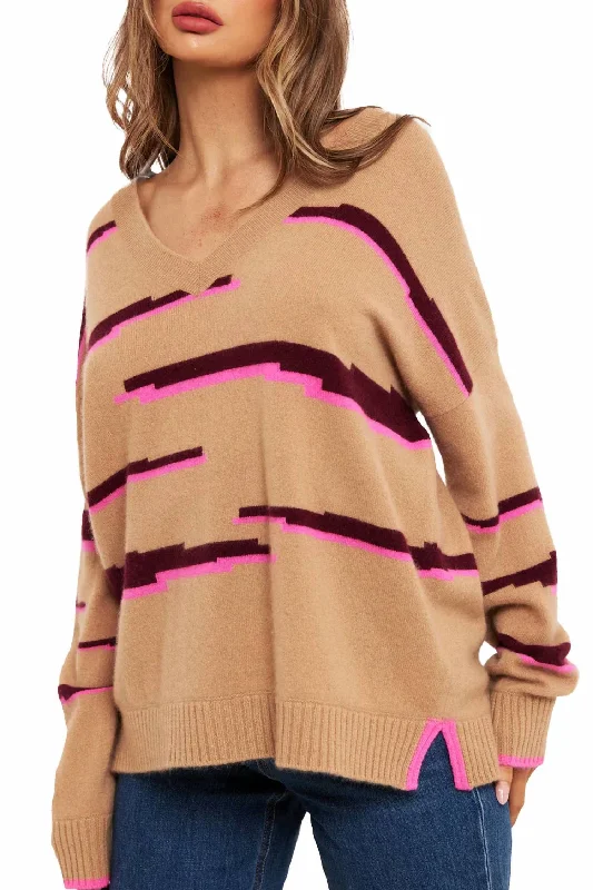 Fashion For Every Occasion Glitch Zebra V-Neck Sweater Top In Camel