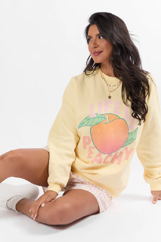 Mother's Day Special Life is Peachy Light Yellow Oversized Graphic Sweatshirt