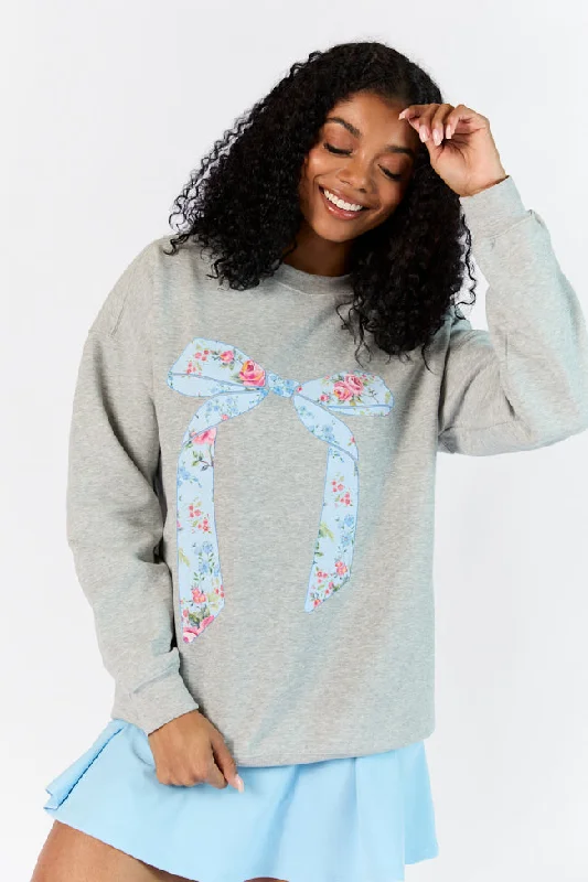 Luxe Women's Fashion Vintage Floral Printed Bow Light Grey Oversized Graphic Sweatshirt