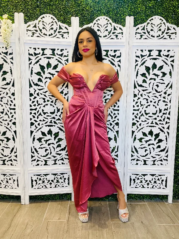 Feminine Soft - Hued Look LUXE Satin Corset Off-Shoulder Midi Dress