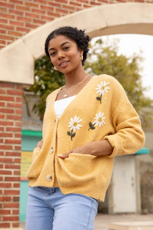 Wardrobe Update Fields Of Hope Mustard Floral Embroidered Cardigan