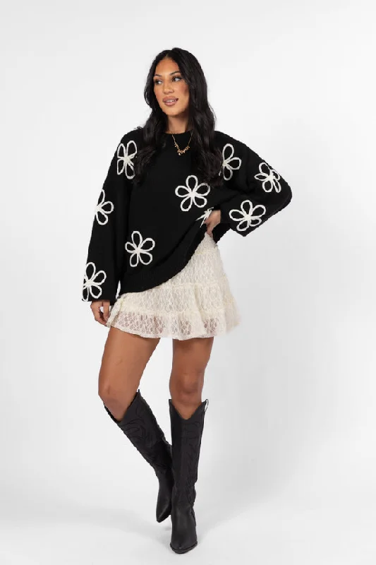 Chic And Comfortable Would've Been The One Black Flower Embroidered Sweater