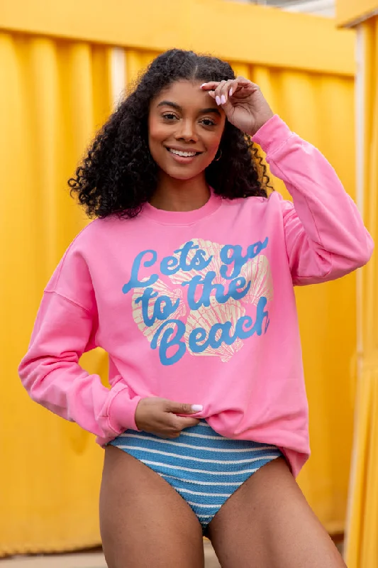 Stylish Savings Let's Go To The Beach Pink Oversized Graphic Sweatshirt